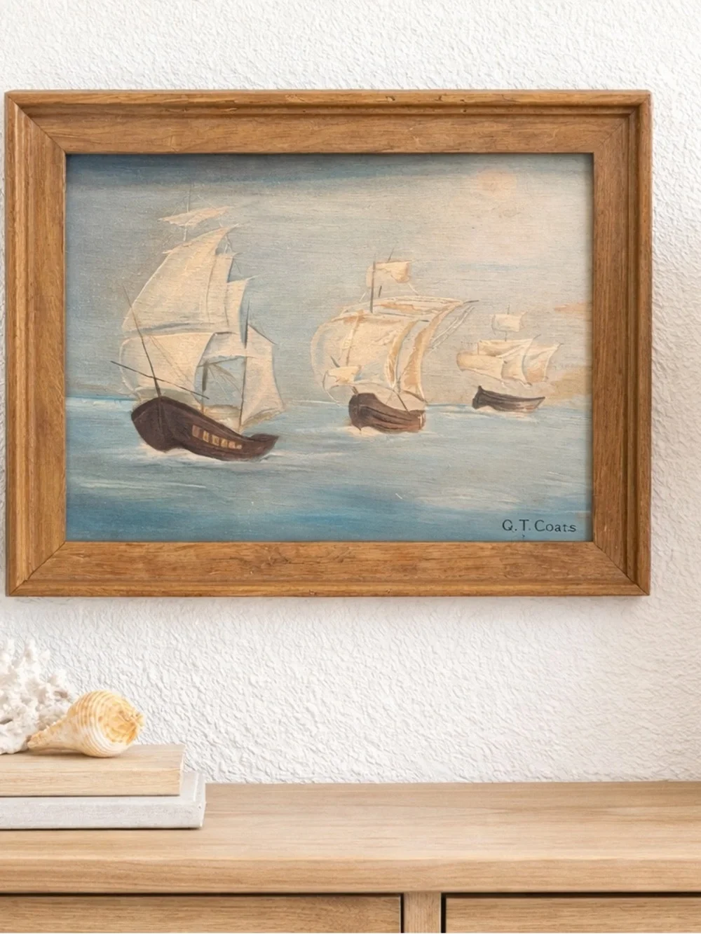 Framed‎ Seascape Painting with Sailing Ships by QT Coats 16x13